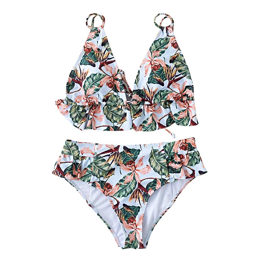 Tropical Palm High Waisted Ruffle Bikini Set - Picture 5 of 10